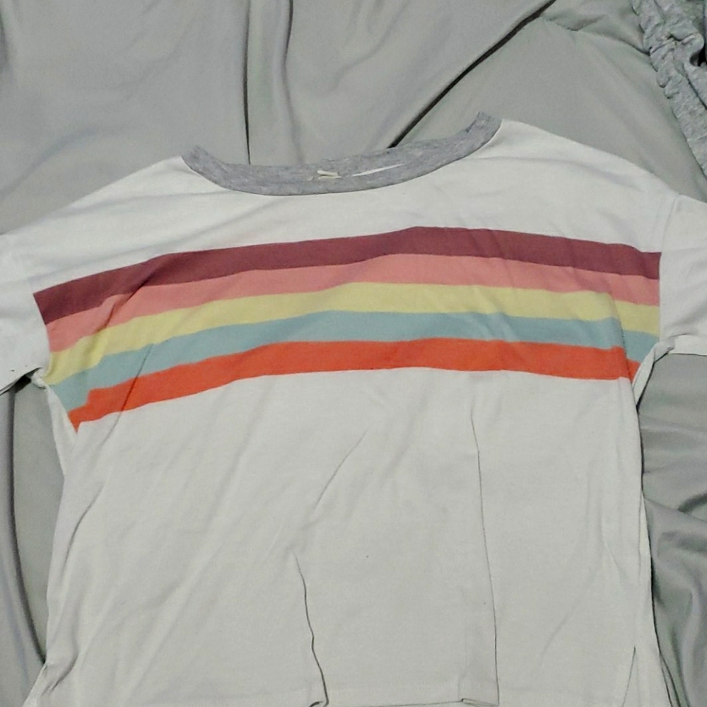 White cropp top with rainbow strips